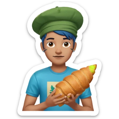 a man with green fortnite tshirt indian he has a cool hat and has a crousant with blou flesh sticker