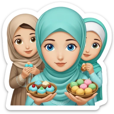 Turkish beautiful finish Konya girl blue eyes with mint hijab islamic dress and had on her hand sweets and celebrating with her friends eid days   sticker