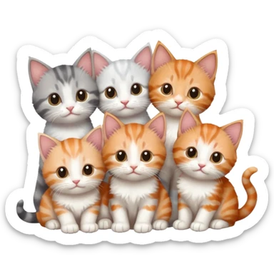 6 tiny kittens cuddling together all different colours, the first one is grey and white, the second is ginger and white and the third is brown tabby and white sticker