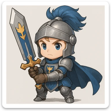Add a Demacian crest to the chestplate and sword of the chibi baby knight, maintaining the blue and silver armor and noble expression, in a style that matches the original image's cute and noble baby knight appearance. sticker