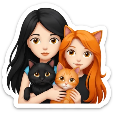 A black long haired girl holding a black cat and an orange long haired cat sticker