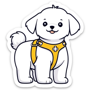 Maltese dog guiding a blind person, training in a guide harness with a blind person  sticker