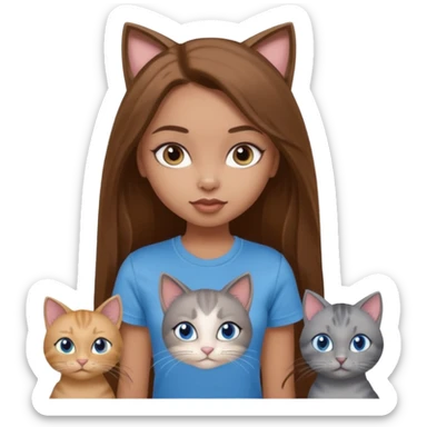 a pretty bratz dusky light skin girl with long brown hair, blue eyes with six cats nd wearing a grey tshirt sticker