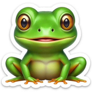 Cinematic Comical Green Tree Frog Portrait Emoji, Head tilted dramatically with an exaggeratedly amused expression, featuring a small, vibrant green body with wide, comically expressive eyes and quirky, textured skin, Simplified yet hilariously expressive features, highly detailed, glowing with a slightly sassy jungle glow, high shine, dramatic yet playful, stylized with an air of cheeky tropical mischief, soft glowing outline, capturing the essence of a meme-worthy green tree frog that looks ready to leap its way into viral fame! sticker