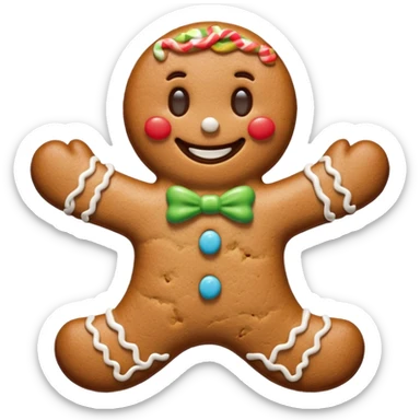 {
    "type": "object",
    "look": "gingerbread man, icing smile, cookie texture, front view",
    "description": "a cheerful gingerbread cookie shaped like a man, smiling with white icing details"
  } sticker