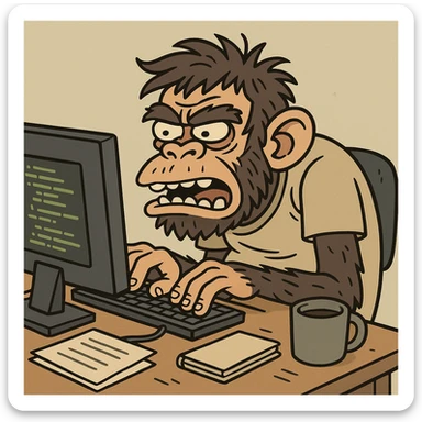 ugly coding ape, messy hair, hunched over a computer, exaggerated features, cluttered desk, humorous, cartoon style sticker