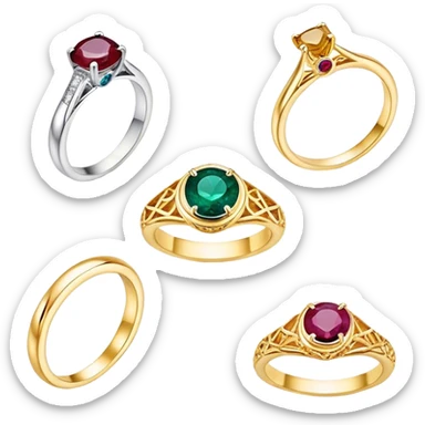 Create a bright and eye-catching emoji symbolizing jewelry craftsmanship and the art of making jewelry. Include a sparkling gemstone, a delicate ring, and tools like a hammer or chisel. The design should be elegant, with fine details and a luxurious feel, representing the precision and artistry of jewelry making. Use vivid colors like gold, silver, and deep jewel tones for the gemstone. Ensure the icon has a transparent background. sticker
