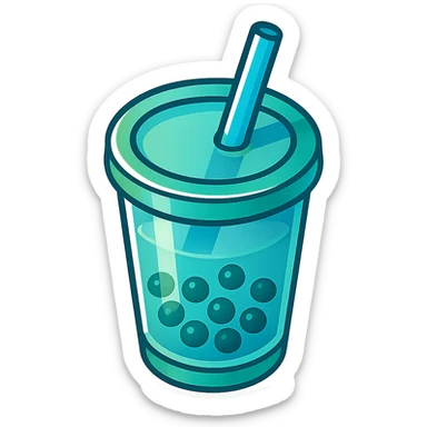 bubble tea cup with a straw, blue and green colors, three-quarter angle, clear bold outline, strong shadows and highlights on the straw, cup, and tapioca pearls, vector style, matte glass look sticker