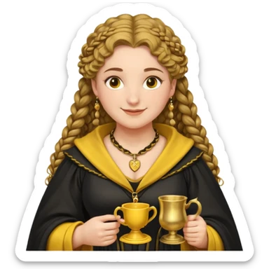 Helga Hufflepuff, 2 curly thick brown braids, yellow-black medieval dress, black cloak decorated with gold braiding, tiny two-handled shiny yellow-gold cup, very kind smile, curvy busty sweet woman, thick rosy cheeks sticker