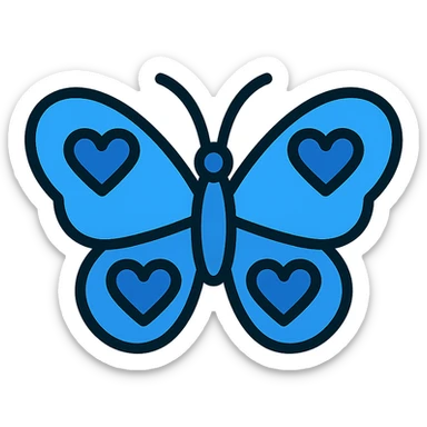 blue butterfly with blue hearts on its wings, minimal flat icon style sticker