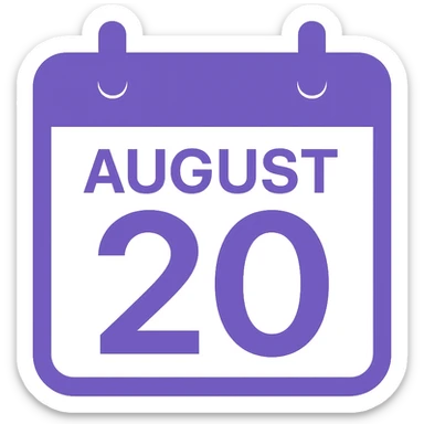 A minimalist calendar block with the date August 20, clean design in purple color, no background, simple and elegant style. sticker