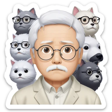 ​Cinematic Realistic Portrait of Hayao Miyazaki, depicted with striking white hair, defined black eyebrows, and large rectangular glasses, his thoughtful expression rendered in lifelike detail against a background of whimsical Studio Ghibli-inspired sketches, illuminated with soft, realistic lighting that emphasizes his creative genius, sticker