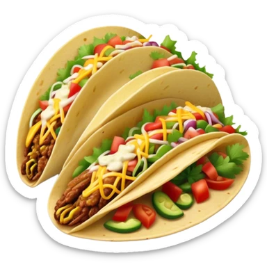 Cinematic vibrant tacos, warm soft shells filled with flavorful meats, fresh vegetables, cheese, and zesty salsa, colorful and lively, ultra-detailed and appetizing. sticker