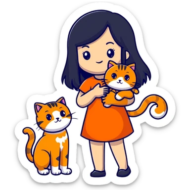 girl with long black hair holding an orange cat sticker