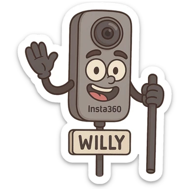 friendly face Insta360 camera on a stick named Willy, cartoon style sticker