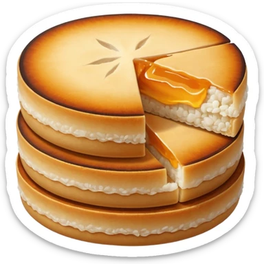 round flat rice cake, lightly toasted surface, sticker