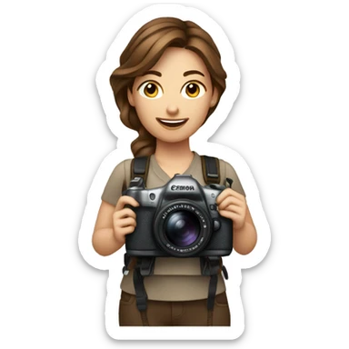 women photographer with brown hair holding a camera canon sticker