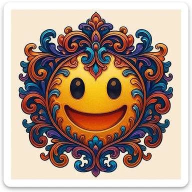 an emoji with elaborate decorations, ornate shapes, and a sense of complexity, using rich color gradients sticker