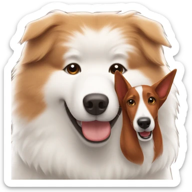 A Samoyed dog hugging a red brown colored hound dog sticker