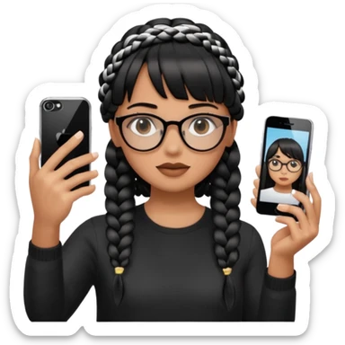 Wearing black braided hair, full bangs, and eyeglasses, taking a mirror selfie with an iPhone sticker