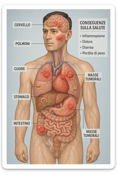 a semi-transparent view of a man’s body reveals numerous parasitic organisms inside his organs and tissues. Some areas are highlighted with red or inflamed zones, and small tumor-like masses are visible where the parasites cluster. The background is clinical and educational, with labels pointing to affected organs and a sidebar showing the health consequences. scritto in italiano sticker