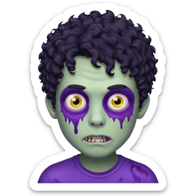 boy zombie with black curly hair, purple skin, one eye missing sticker
