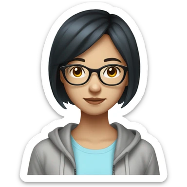 Chinese girl, 19 years old, black hair, bob cut, wearing white tank top with a light blue zip-hoodie on top, has glasses on sticker