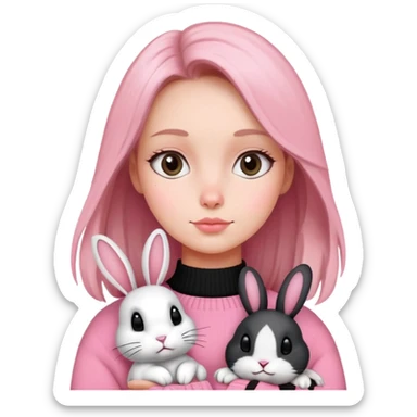 . Une femme avec un pull rose et un lapin noir et blanc  sticker