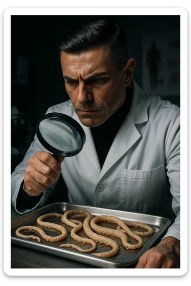 A middle-aged male kinesiologist wearing a pristine white lab coat, intensely analyzing long, beige tapeworms (like Taenia) under a magnifying glass. His expression is focused and slightly concerned, with dramatic studio lighting casting sharp shadows. The parasites are highly detailed, moist, and textured, stretched across a sterile metal tray. The background is blurred but suggests a clinical environment—hints of a microscope, medical charts, and clean lab equipment. The style is hyper-realistic, with a cinematic contrast between the bright white coat and the grotesque, organic forms of the parasites. No sci-fi elements, just raw medical realism with a disturbing edge sticker