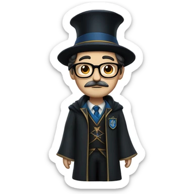 man with white skin, black longer hair, mustache, glasses, with a magic hat, ravenclaw sticker
