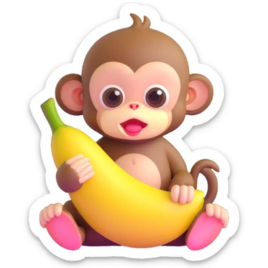 ultra cute baby monkey with enormous adorable eyes peeling a banana, pastel colors sticker