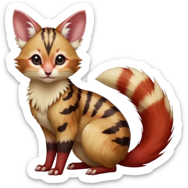 sanguine-red-streaked natural realistic divine beautiful elegant pretty precious cute young youthful  Fakémon-Pokémon-alien-opossum-furret -feline-serval-caracal-chinchilla-Minccino-hybrid-creature with a big fluffy bushy tail (full body) sticker