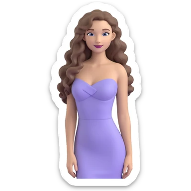 emoji of a stylish woman with a gentle smile, long, a bit curly light ash brown hair, blue eyes, nude lipstick, wearing a body-hugging light purple dress, chic and modern look sticker