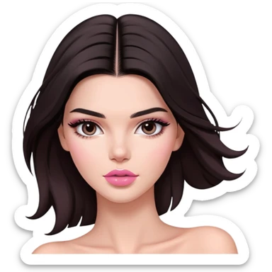 Kendall Jenner model, elongated face, long flowing dark hair, pink glossy lips, pink blush on cheeks, bare shoulders sticker