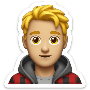 Man, bright red skin, yellow hair, big eyes, black eyebrows, wearing a gray hoodie with a black and red checkered shirt sticker