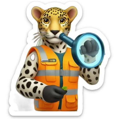 a jaguar in a high visibility orange vest, inspecting a tree with a magnifying glass sticker