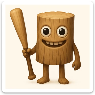Make the character less human and more like a wooden stump, with a face that closely matches the reference image: large round eyes, wide unsettling smile, and minimal human features. Keep arms and legs, holding a baseball bat. Render in emoji style. sticker