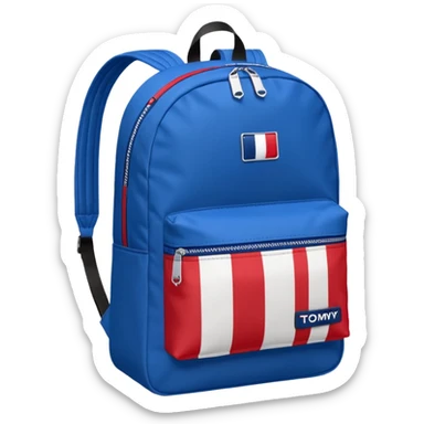 simple blue backpack, at the bottom pocket there is a  logo featuring a Tommy Jeans-inspired logo. The logo looks like a vertically-flag in one red, one white. The flag stripes are vertical, not horizontal. Flat

 sticker
