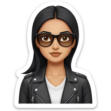 beautiful fit woman, with long straight black hair, with make up, black eye liner, smile mooth close, mexican, brown skin, wearing white tee, wearing leather black jacket, solar black wayfarer on the tip of the nose, we don’t see eyes of the girl sticker