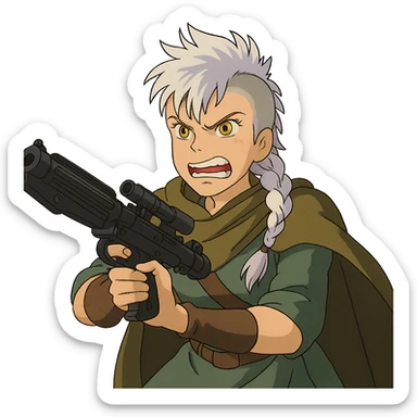 1 FEMALE, GOLD YELLOW EYES, WHITE HAIR LAVENDER TIPS, MESSY LOCKS BANGS MOHAWK, LONG BRAID, MERCENARY GARB, HOLDING A STORMTROOPER'S E11 BLASTER RIFLE, BRANDISHING, FURIOUS GLARE, GRITTING TEETH sticker