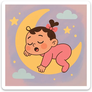 a baby girl sleeping on a crescent moon, dreamy background, soft colors sticker