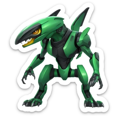 a black-green Genesect-Raptor-Fakémon—hybrid with a futuristic visor-helmet full body sticker