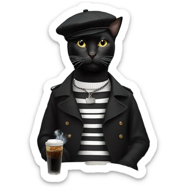 Black cat wearing a beret and a black and white striped shirt smoking a cigarette in a Parisian cafe sticker