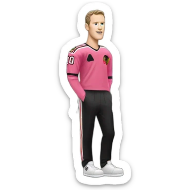 Jonathan Toews standing in front of pink mansion sticker
