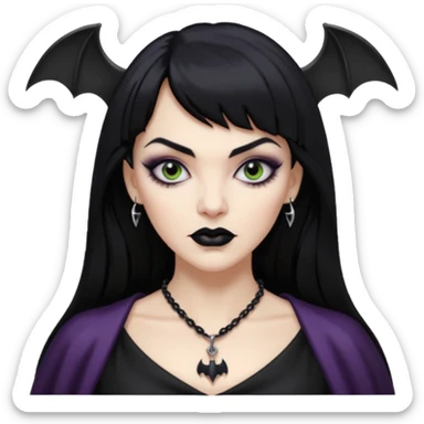 vampira mulher branca com cabelo preto longo com franja quadrada, sobrancelha grossa e lábios com batom preto com colar preto e pingente de morcego preto sticker