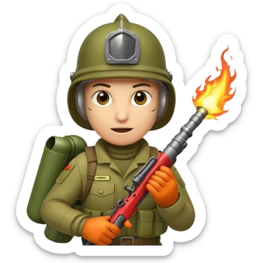 worm from Worms game wearing an army helmet and holding a flamethrower sticker