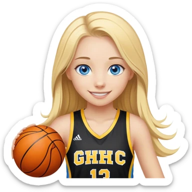 smiling girl with blue eyes and blonde long hair playing basketball with black and yellow jersey with GHC Logo sticker