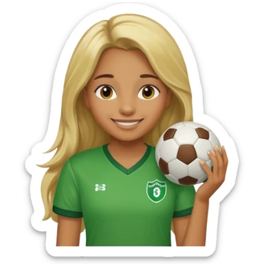 A caramel brown girl with brown eyes and long blond hair with a green football shirt sticker