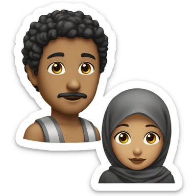 the brown boy has black short curly hair, goatee and moustache, black eyes. The girl has hijab  sticker