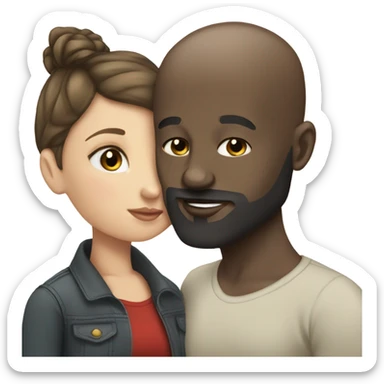 White girl brunette kissing black bald man with beard sticker